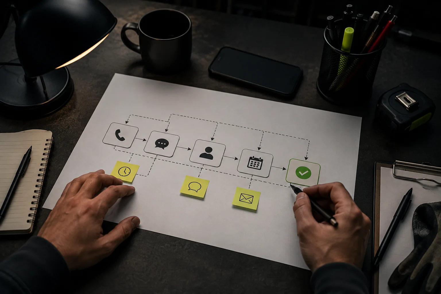 Hands organizing a simple HVAC lead follow-up workflow with connected steps on a desk