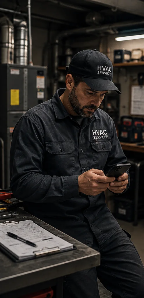 HVAC technician checking a phone beside service paperwork in a workshop