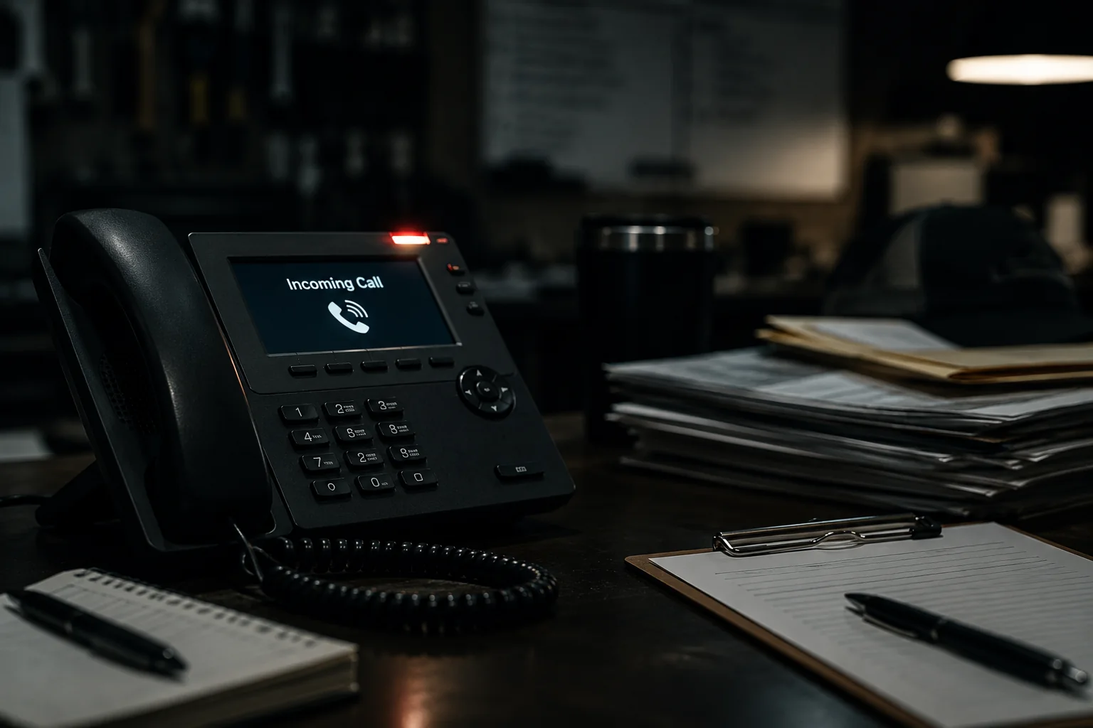 Unanswered office phone ringing in a dark HVAC office, representing a missed lead opportunity