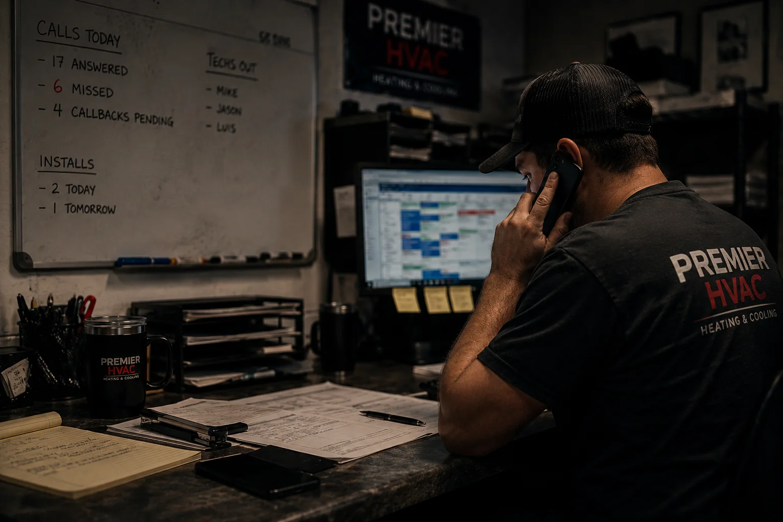 Busy HVAC owner handling a customer call in a dark dispatch office with schedules and service paperwork
