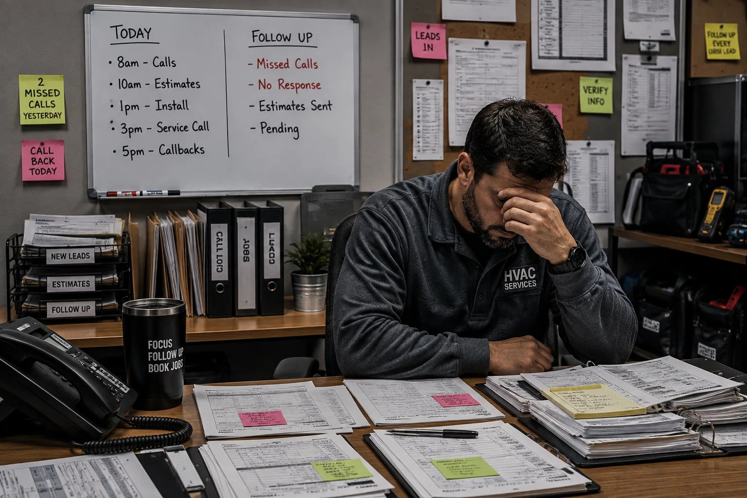 Overwhelmed HVAC owner managing calls, follow-ups and service paperwork in a busy office